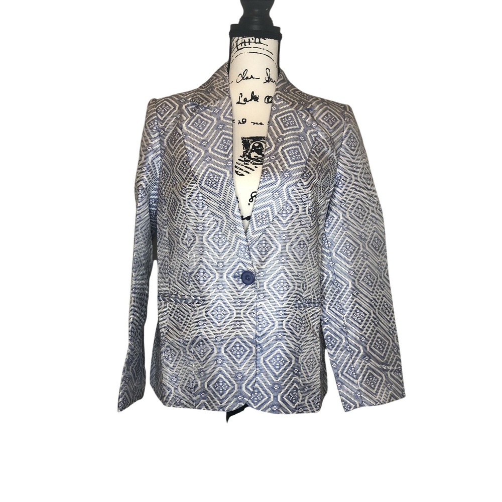 Appleseed's Womens Blue White Geometric Diamond Jacquard Single Button Blazer 10